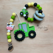 Load image into Gallery viewer, Tractor Teether + Cow or Corn Beaded Clip
