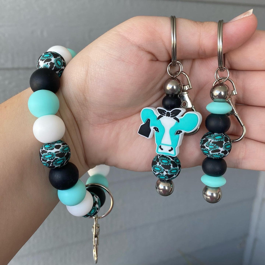 Turquoise Cow Print Keychain